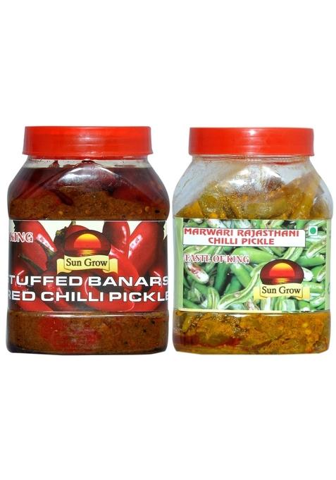 Sun Grow Food Combo Pack Of 2Kg Homemade Stuffed Banarasi Red Chilli Pickle ||Traditional Flavor Tasty Spicy || 1Kg Without Oil Marwadi Rajasthani Green Lambi Long Hari Mirch Ka Achar To Serve From 2 States