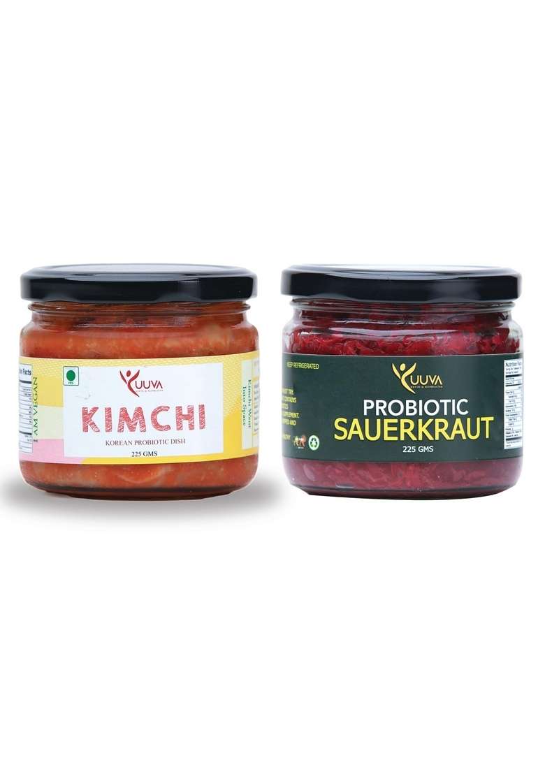 Yuuva Kimchi And Sauerkraut Combo Pack 225 Gms X 2 450 | 100 Veg Traditionally Naturally Fermented - Indya