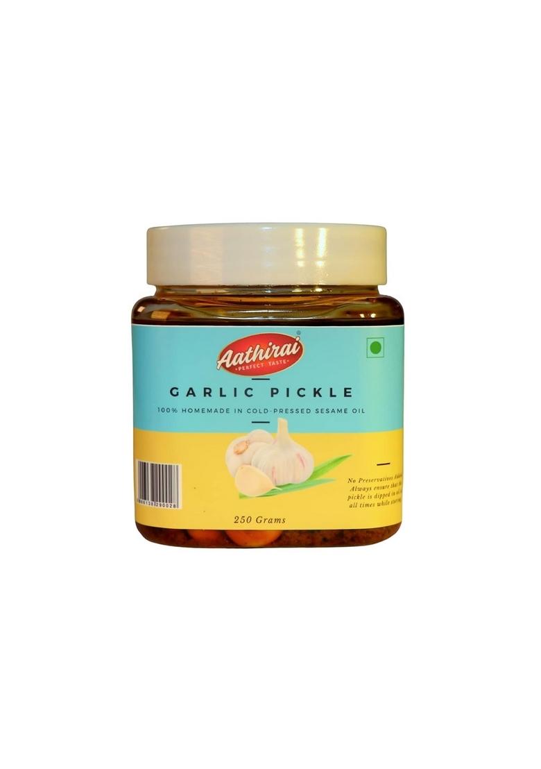 Aathirai Garlic Pickle 250 Gm | No Artificial Preservatives 100 Natural Organic Homemade Made With Cold Pressed Oil Spicy Tangy