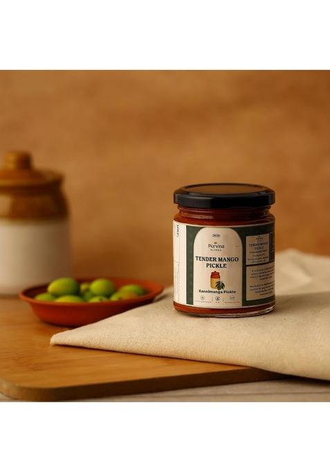 Purvina ® Blends Tender Mango Pickle 200 Gm Glass Jar | Oil Free Kannimanga Preservative Traditional Kerala