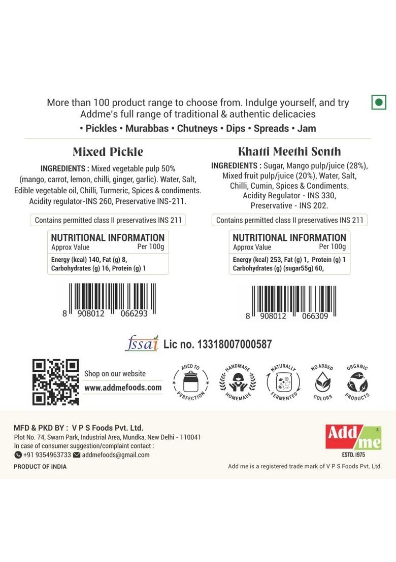 Add Me Mixed Pickle Achar 210G Khatti Meethi Sonth Chutney 240G Mix Pani Puri Bhelpuri Samosa Chatni | Authentic Indian Condiment Duo For Chaat And Snacks Vegan Gluten Free