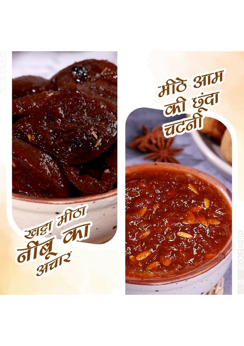 Add Me Combo Pickles Box 4 In 1 Dry Mango Pickle 300Gm Red Chilli 300 Gm Sweet Jeera Chutney Chunda Lemon Achar 300Grm Glass Jar Gift Pack