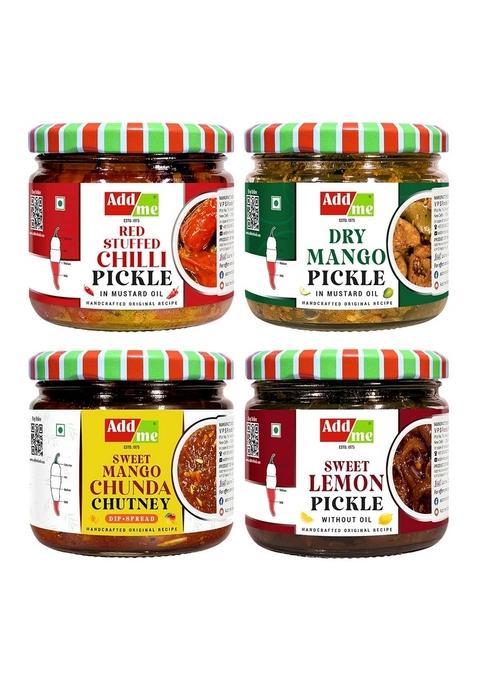 Add Me Combo Pickles Box 4 In 1 Dry Mango Pickle 300Gm Red Chilli 300 Gm Sweet Jeera Chutney Chunda Lemon Achar 300Grm Glass Jar Gift Pack