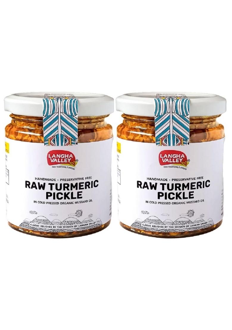 Langha Valley Combo Of Homemade Raw Turmeric Pickle Haldi Ka Achar Handmade In Organic Mustard Oil Preservative Free No Added Colors Or Flavors Sun Dried Matured Glass Jar With Wooden Spoon 180 Grams Pack 2