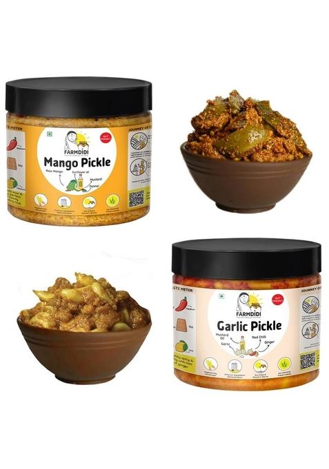 Farm Didi Farmdidi Spicy And Sour Pickle Combo Pack Of 2 In Fresh | Traditional Mango Garlic Pickles Handmade Achaar Organic Method Used No Chemical Preservative