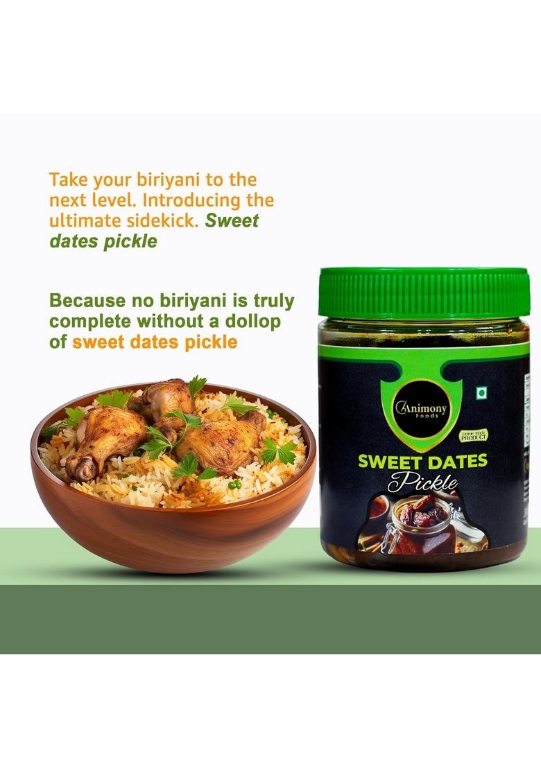 Animony Foods Sweet Dates Pickle | Traditional Kerala Style Homemade Recipe No Artificial Preservatives For Biryani Rice Paratha 100 Natural Ingredients 200Gm