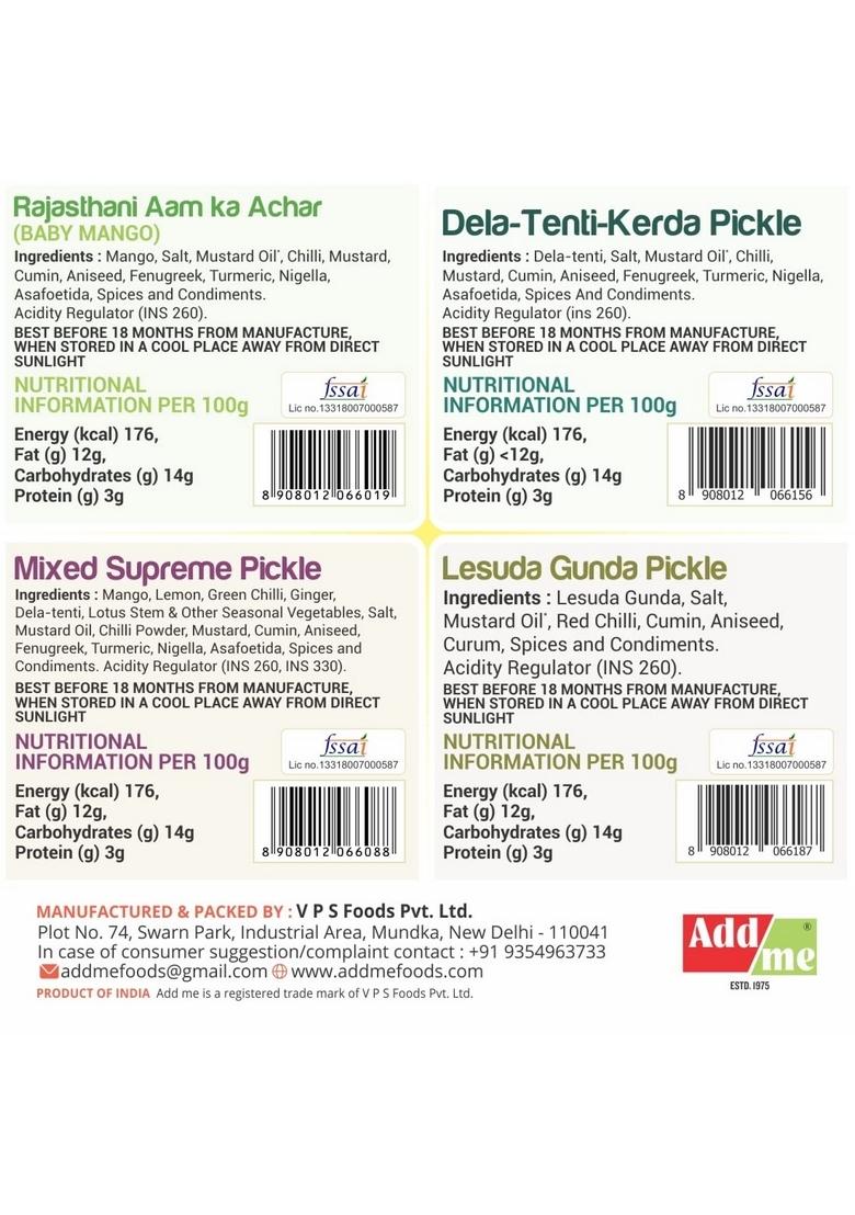 Add Me 4 In 1 Combo Pack Of Rajasthani Pickles Mango Pickle Aam Ka Achar 500Gm Ker Teet 500 Gm Lasoda Gunda Mixed Supreme 2Kg