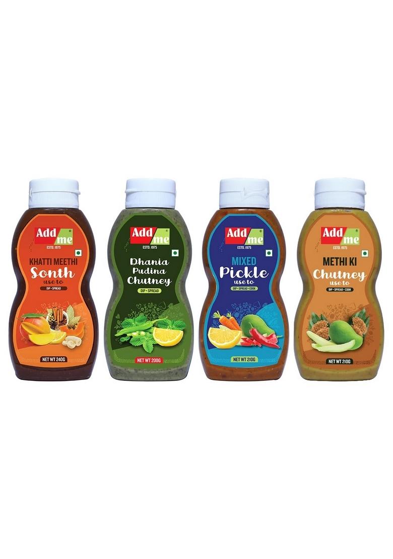 Add Me 4 In 1 Chutneys Of Khatti Meethi Sonth Chutney Dhania Pudina Sauce Mixed Pickle Mango Methi Dana Pickles | 200 240G Each Pack Classic Indian Travel