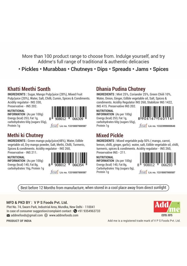 Add Me 4 In 1 Chutneys Of Khatti Meethi Sonth Chutney Dhania Pudina Sauce Mixed Pickle Mango Methi Dana Pickles | 200 240G Each Pack Classic Indian Travel