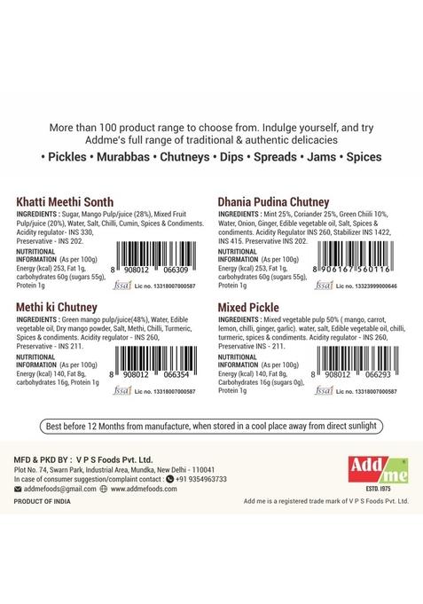 Add Me 4 In 1 Chutneys Of Khatti Meethi Sonth Chutney Dhania Pudina Sauce Mixed Pickle Mango Methi Dana Pickles | 200 240G Each Pack Classic Indian Travel