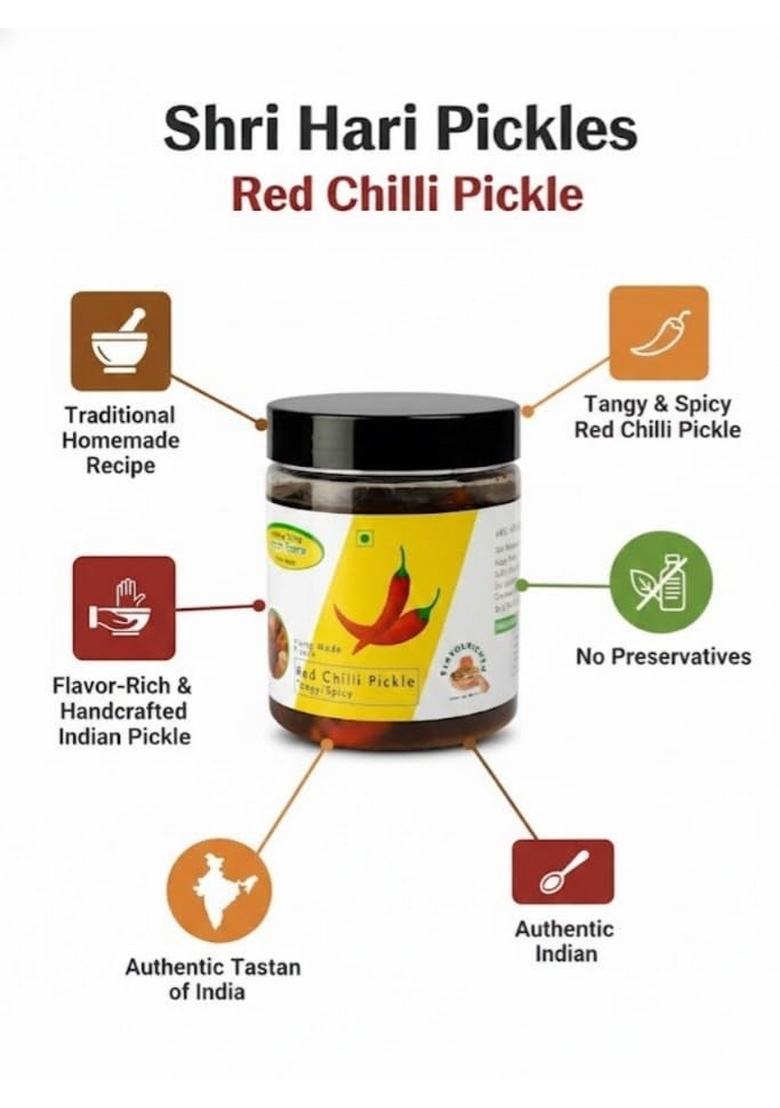 Flavourickles Shri Hari Pickles Red Chilli Pickle – Authentic Indian Achar Tangy Spicy Traditional Homemade Recipe Handcrafted Flavor Rich No Preservatives Natural Ingredients 250G