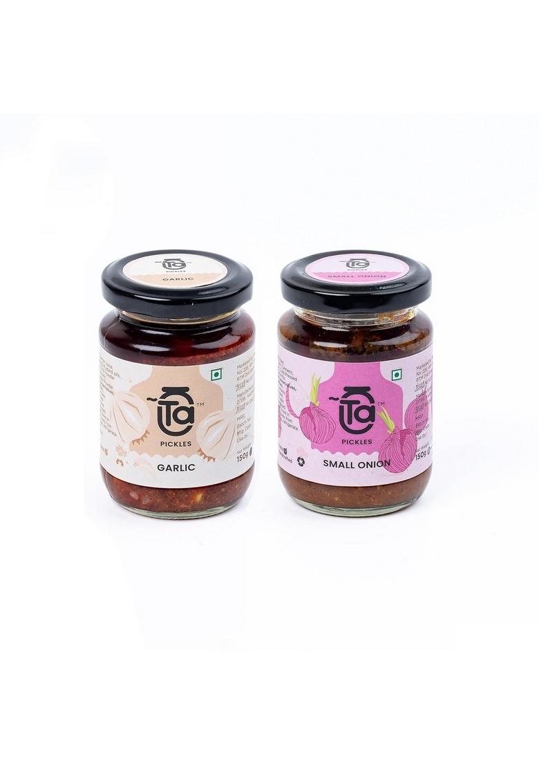 Ta Pickles | Small Onion Garlic Pickle 150G [Pack Of 2] Combo Made With Cold Pressed Oil Homemade Traditional Indian Taste Natural No Preservatives