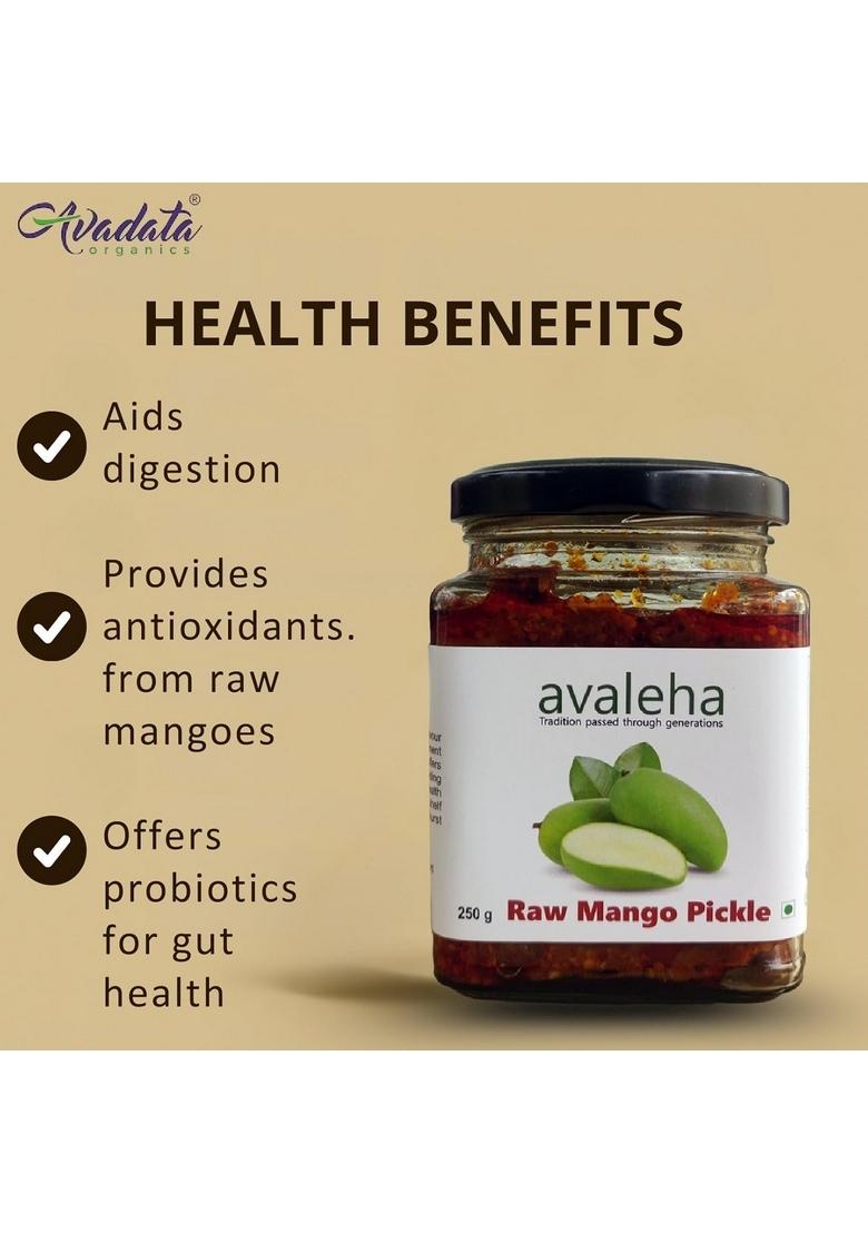 Avadata Organics The Healthy Way Of Life Avaleha Raw Mango Pickle 250 G | Masaledar Aam Ka Achar Special Kachi Keri Spicy Tangy Achaar Authentic South Indian Style No Preservative Glass Jar