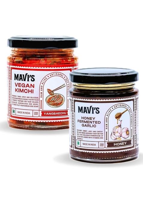 Mavi'S Korean Kimchi Honey Fermented Garlic Combo | Artisanal Probiotic Foods 100 Natural Organic No Preservatives Artificial Flavors Or Colors Pack Of 2 200G Each