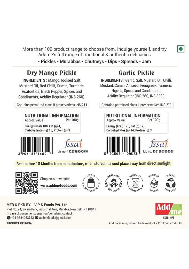 Add Me Dry Mango Garlic Pickle 1Kg Mixed Combo Pack Of Two Fine Pickles Glass 500Gm Each