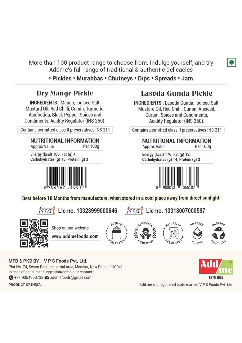 Add Me Homemade Dry Mango Pickle 500 Gm Sukha Aam Ka Achar Lasoda Gunda Pickles 500Gm Gujrati Masala Lasode Mixed Combo Offer Glass Pack