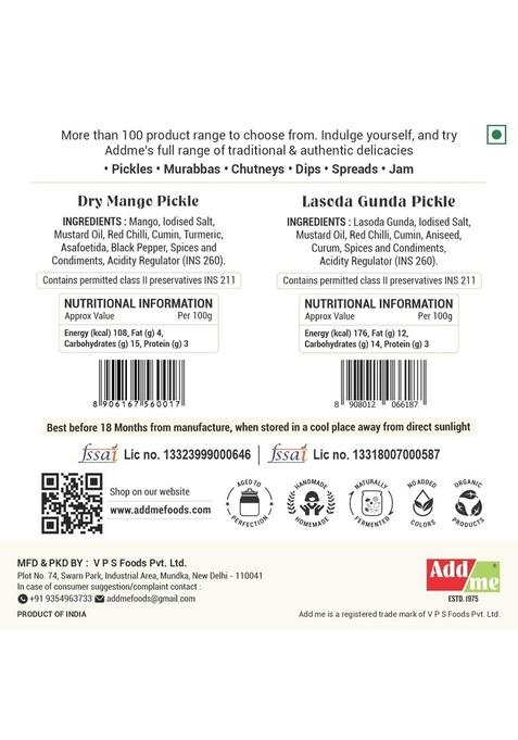 Add Me Homemade Dry Mango Pickle 500 Gm Sukha Aam Ka Achar Lasoda Gunda Pickles 500Gm Gujrati Masala Lasode Mixed Combo Offer Glass Pack