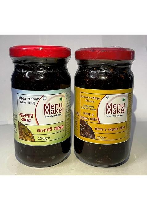 Menu Maker Select Premium Jalpai Achar [Olive Pickle] And Aamsatto Khejurer Chutney [Mango Preserve Date Sweet Chutney] Combo Pack 250G Each