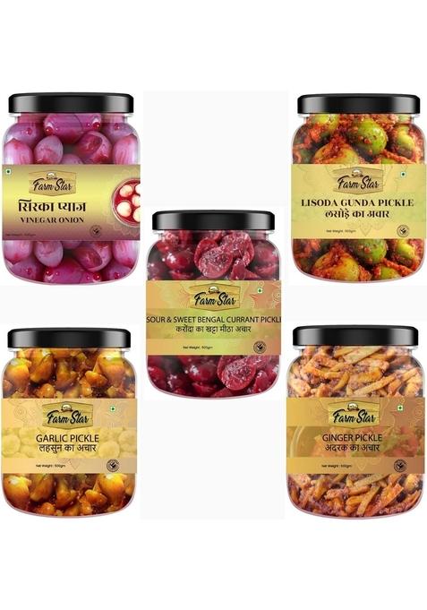 Farm Star 2 5Kg Combo Pickle Pack 5 In 1 Vinegared Onion 500 Gm Garlic Sweet Karonda Lisoda Gunda Ginger
