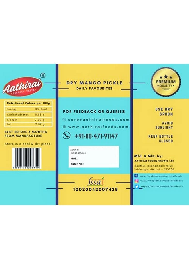 Aathirai Dry Mango Pickle 500G | Homemade Using Cold Pressed Chekku Sesame Oil