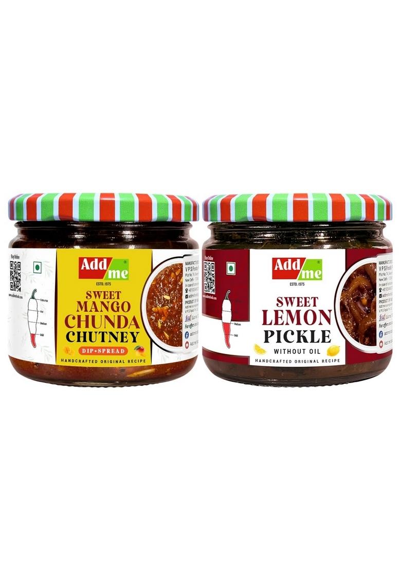 Add Me Chunda Sweet Mango Chutney With Jeera 350Gm Chundo Lemon Pickle Khatta Meetha Nimbu And Sour Without Oil Lime 300Gm Homemade Recipe Taste Combo Gift Pack Glass Jar