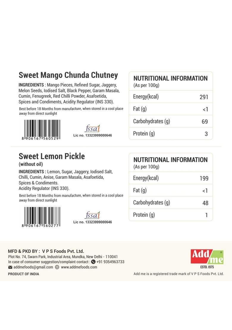 Add Me Chunda Sweet Mango Chutney With Jeera 350Gm Chundo Lemon Pickle Khatta Meetha Nimbu And Sour Without Oil Lime 300Gm Homemade Recipe Taste Combo Gift Pack Glass Jar