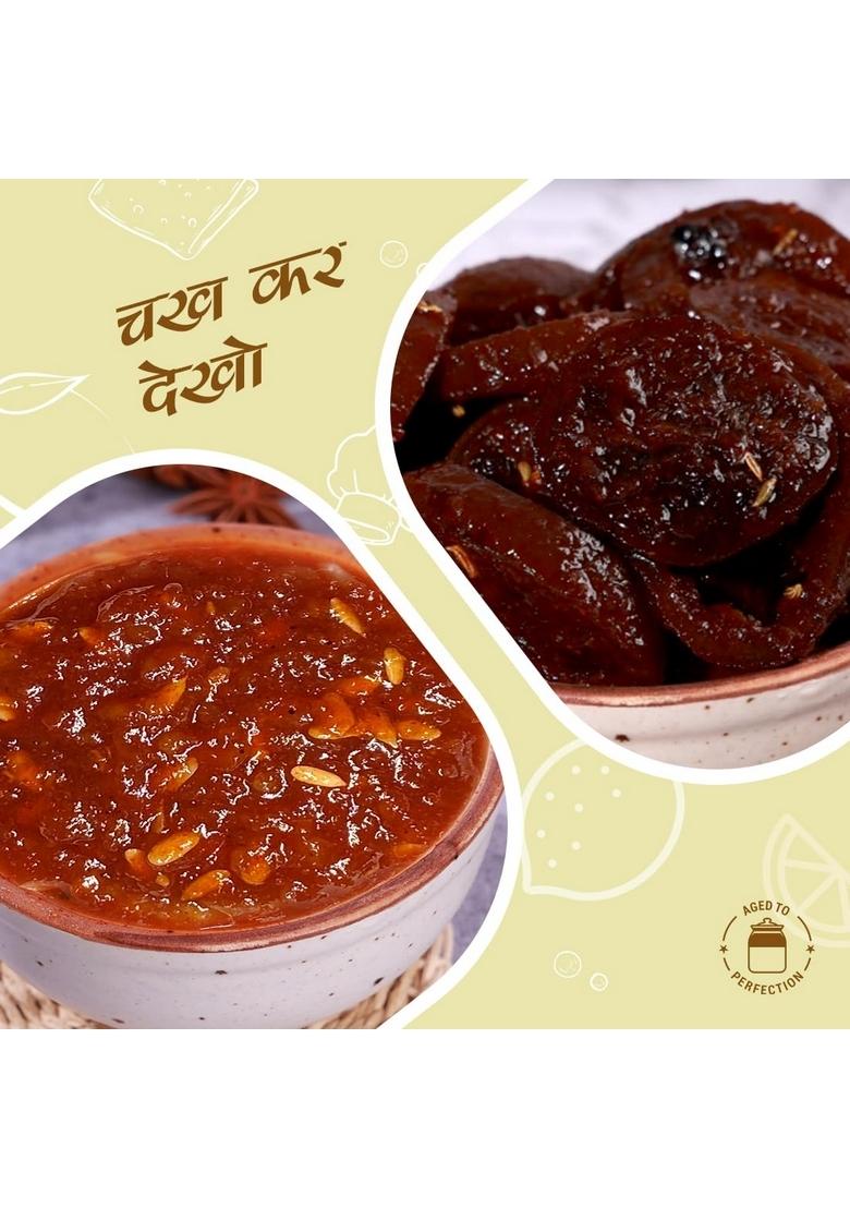 Add Me Chunda Sweet Mango Chutney With Jeera 350Gm Chundo Lemon Pickle Khatta Meetha Nimbu And Sour Without Oil Lime 300Gm Homemade Recipe Taste Combo Gift Pack Glass Jar