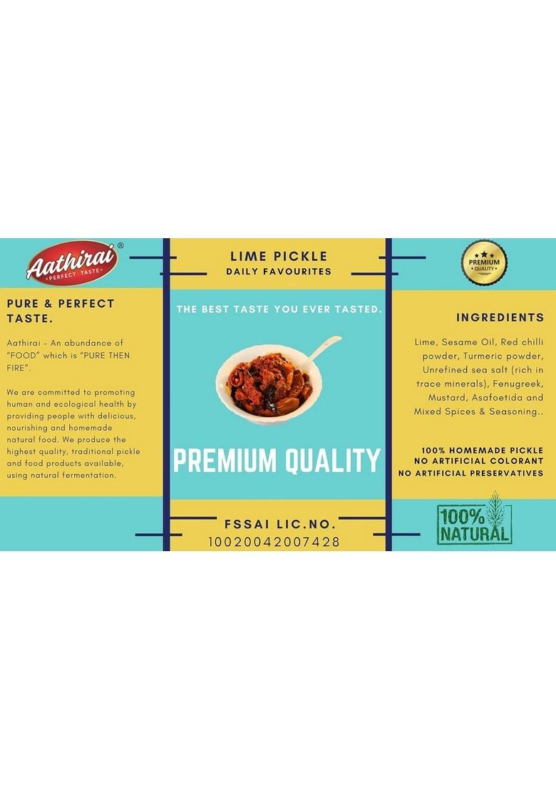 Aathirai Lime Pickle 250G | No Artificial Preservatives 100 Natural Organic Homemade Made With Cold Pressed Sesame Oil Sour