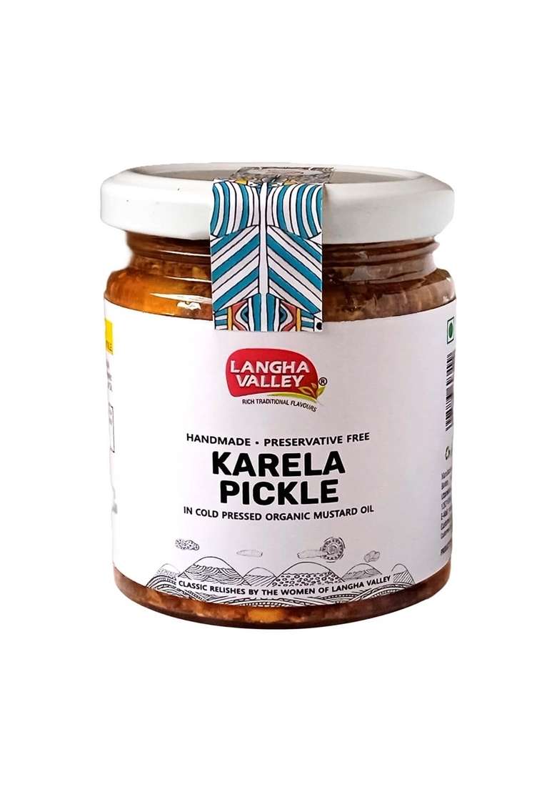 Langha Valley Homemade Karela Pickle Bottle Gourd Made With Cold Pressed Organic Mustard Oil Sun Dried Matured Glass Jar 180 Grams - Indya