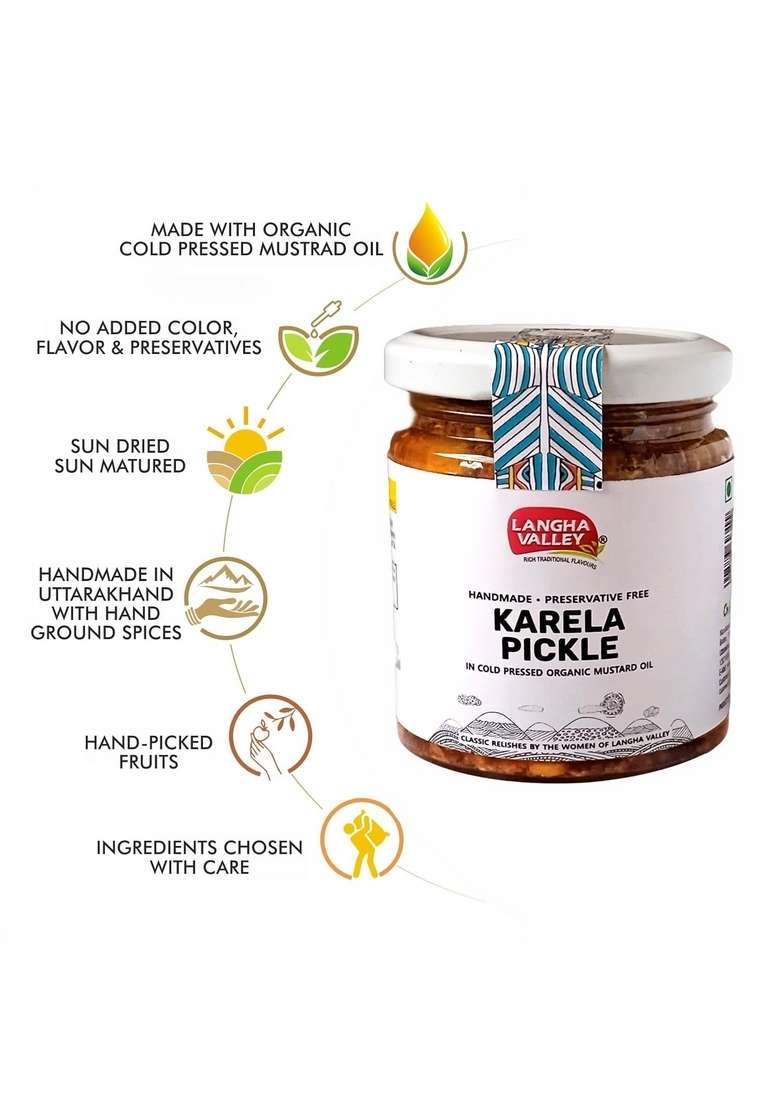 Langha Valley Homemade Karela Pickle Bottle Gourd Made With Cold Pressed Organic Mustard Oil Sun Dried Matured Glass Jar 180 Grams - Indya