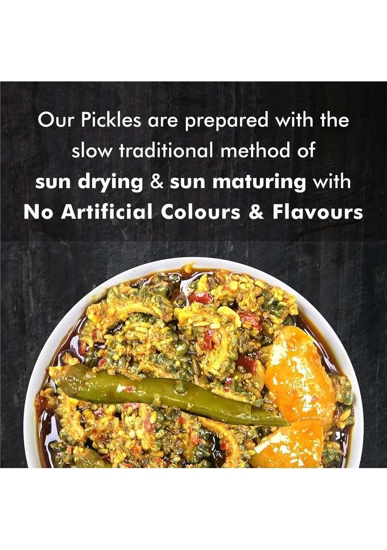 Langha Valley Homemade Karela Pickle Bottle Gourd Made With Cold Pressed Organic Mustard Oil Sun Dried Matured Glass Jar 180 Grams - Indya