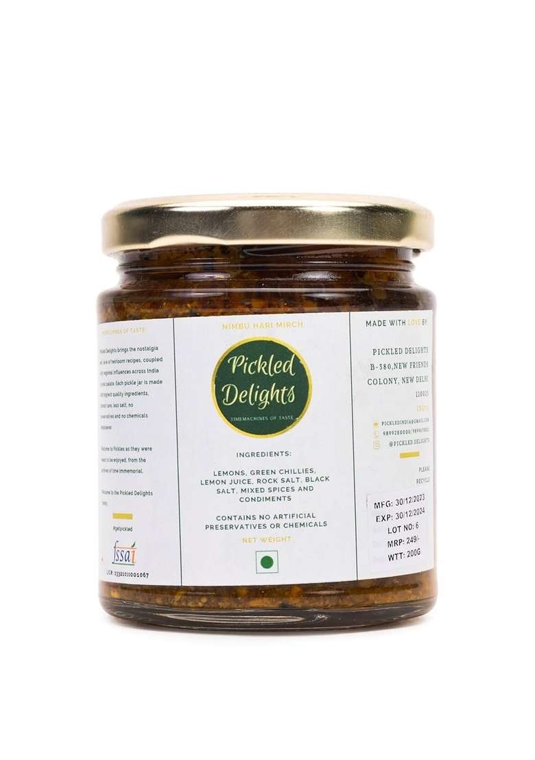 Pickled Delights Nimbu Hari Mirch Lemon Green Chilli Pickle Flavour Tangy Spicy 200 Grams - Indya