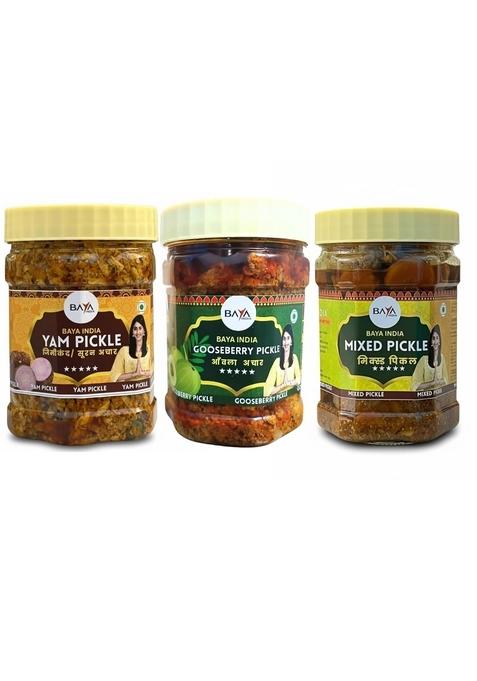 Baya India Premium Pickle Combo Pack Gooseberry Mixed And Yam Varieties Vegan No Artificial Colors 350G Each 3