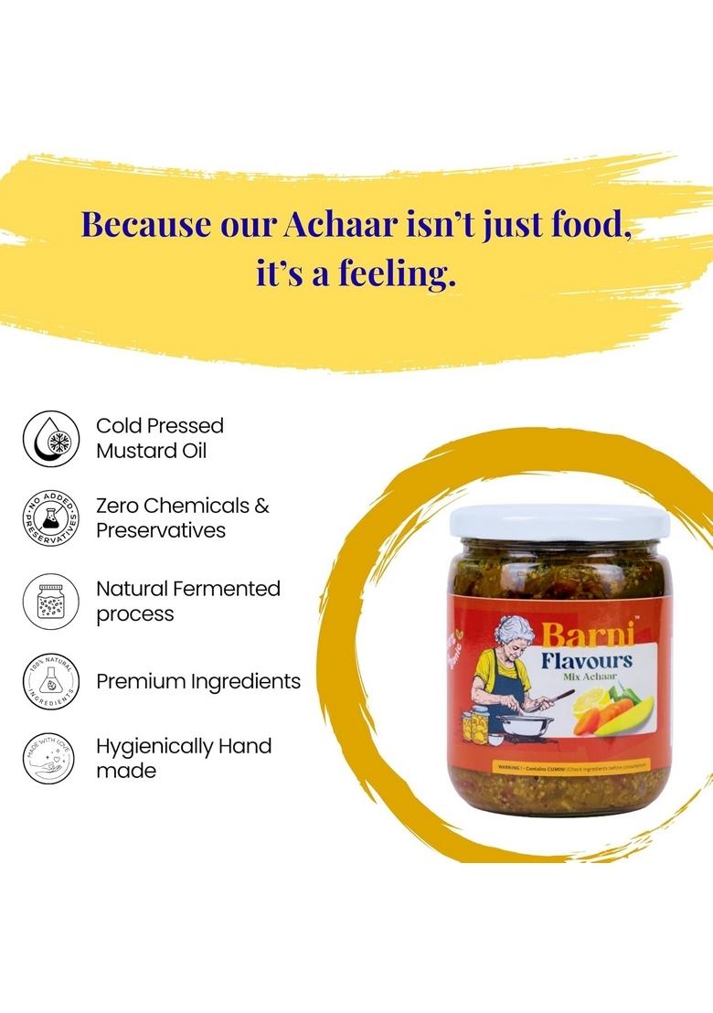 Barni Flavours Traditional Indian Mix Pickle 300G | Authentic Homemade Achar With Mango Lemon Chilli Carrot Seasonal Veggies Spicy Tangy Zesty Flavour No Preservatives Glass Jar Packaging