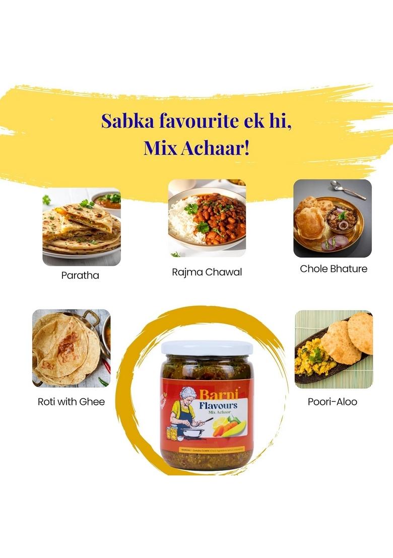Barni Flavours Traditional Indian Mix Pickle 300G | Authentic Homemade Achar With Mango Lemon Chilli Carrot Seasonal Veggies Spicy Tangy Zesty Flavour No Preservatives Glass Jar Packaging
