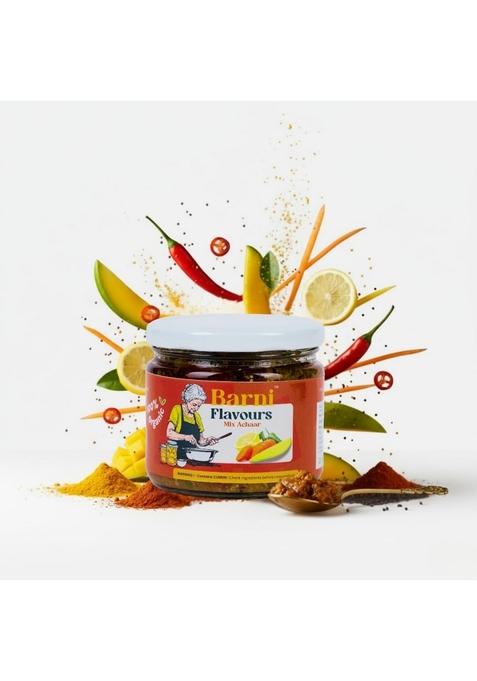 Barni Flavours Traditional Indian Mix Pickle 300G | Authentic Homemade Achar With Mango Lemon Chilli Carrot Seasonal Veggies Spicy Tangy Zesty Flavour No Preservatives Glass Jar Packaging