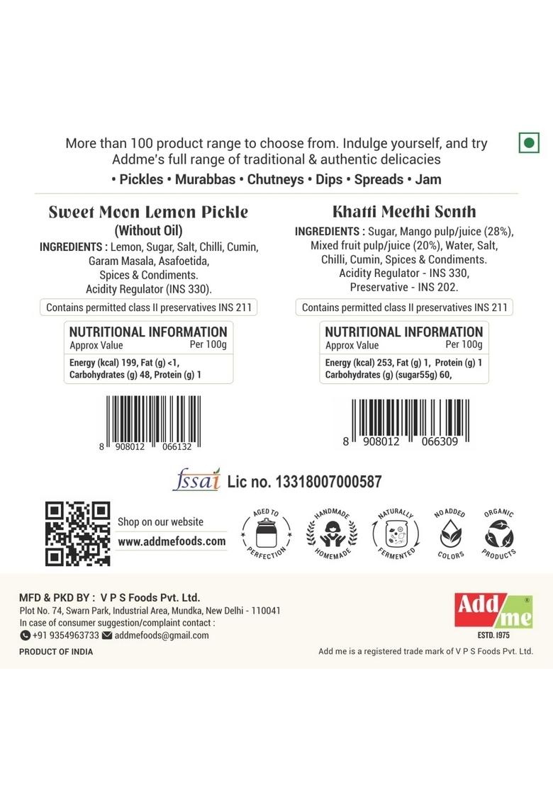 Add Me Sweet Lemon Pickle 600Gm Meetha Nimbu Ka Achar Glass Jar Khatti Meethi Chutney 240Gm