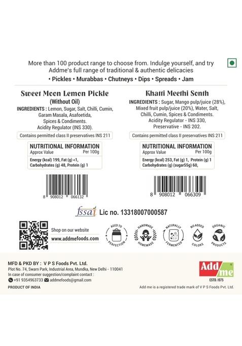 Add Me Sweet Lemon Pickle 600Gm Meetha Nimbu Ka Achar Glass Jar Khatti Meethi Chutney 240Gm