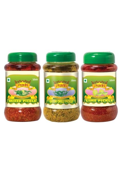 Pravin Pickles Combo Of 3 Jar Green Chilli Pickle 500G Mix Lime