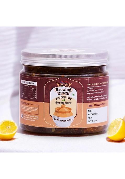 Growing Villagers Sweet Lemon Pickle Meetha Nimbu Achar | Oil Free Marwadi Lime 600 Gram Jar