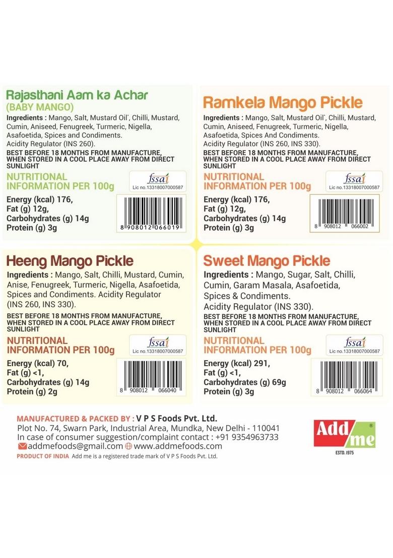 Add Me Combo Seller 4 In 1 Mango Pickle Pack Ramkela 500 Gm Sweet 600 G Rajasthani Aam Pickles 500G Hing Lonji Without Oil Total 2 1Kg