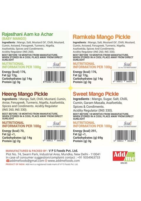 Add Me Combo Seller 4 In 1 Mango Pickle Pack Ramkela 500 Gm Sweet 600 G Rajasthani Aam Pickles 500G Hing Lonji Without Oil Total 2 1Kg