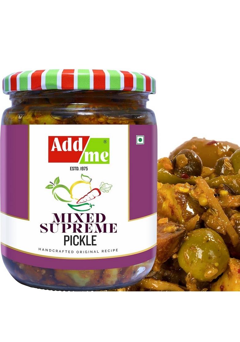 Add Me Mixed Supreme Pickle Homemade Taste Mix Rajasthani Marwadi Pickles Achar Aam Mango Chilli Lemon Carrot Ker Ginger Karonda Lasoda Fruit 500Gm Glass Pack Spiced Tangy Flavor 500G Jar