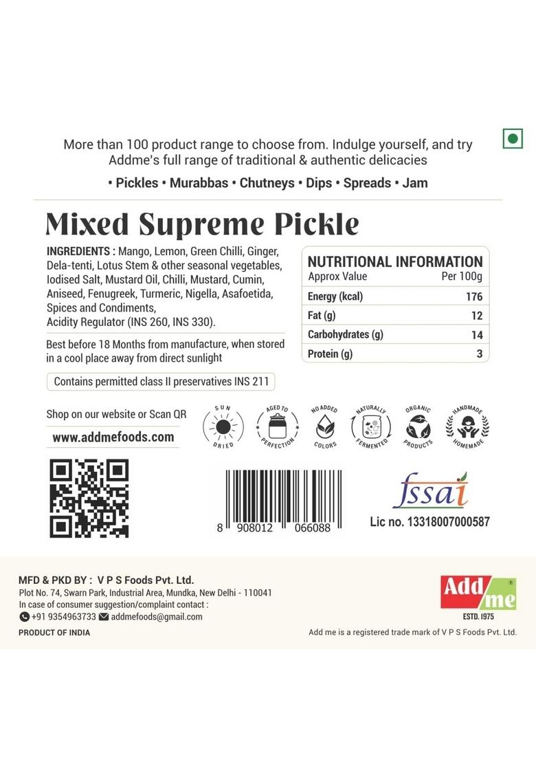 Add Me Mixed Supreme Pickle Homemade Taste Mix Rajasthani Marwadi Pickles Achar Aam Mango Chilli Lemon Carrot Ker Ginger Karonda Lasoda Fruit 500Gm Glass Pack Spiced Tangy Flavor 500G Jar
