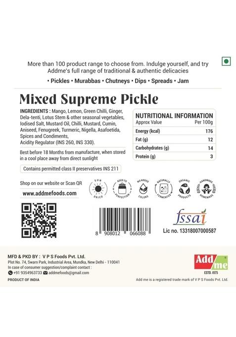 Add Me Mixed Supreme Pickle Homemade Taste Mix Rajasthani Marwadi Pickles Achar Aam Mango Chilli Lemon Carrot Ker Ginger Karonda Lasoda Fruit 500Gm Glass Pack Spiced Tangy Flavor 500G Jar