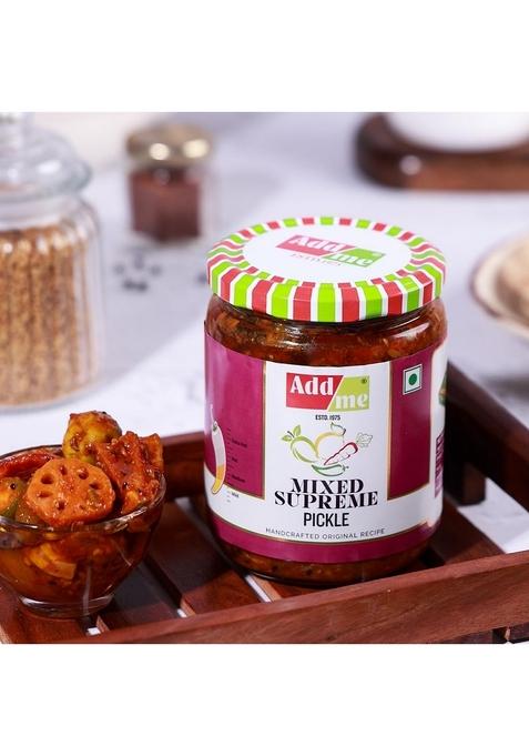 Add Me Mixed Supreme Pickle Homemade Taste Mix Rajasthani Marwadi Pickles Achar Aam Mango Chilli Lemon Carrot Ker Ginger Karonda Lasoda Fruit 500Gm Glass Pack Spiced Tangy Flavor 500G Jar