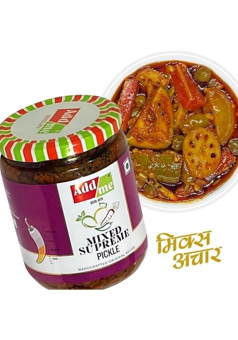 Add Me Mixed Supreme Pickle Homemade Taste Mix Rajasthani Marwadi Pickles Achar Aam Mango Chilli Lemon Carrot Ker Ginger Karonda Lasoda Fruit 500Gm Glass Pack Spiced Tangy Flavor 500G Jar
