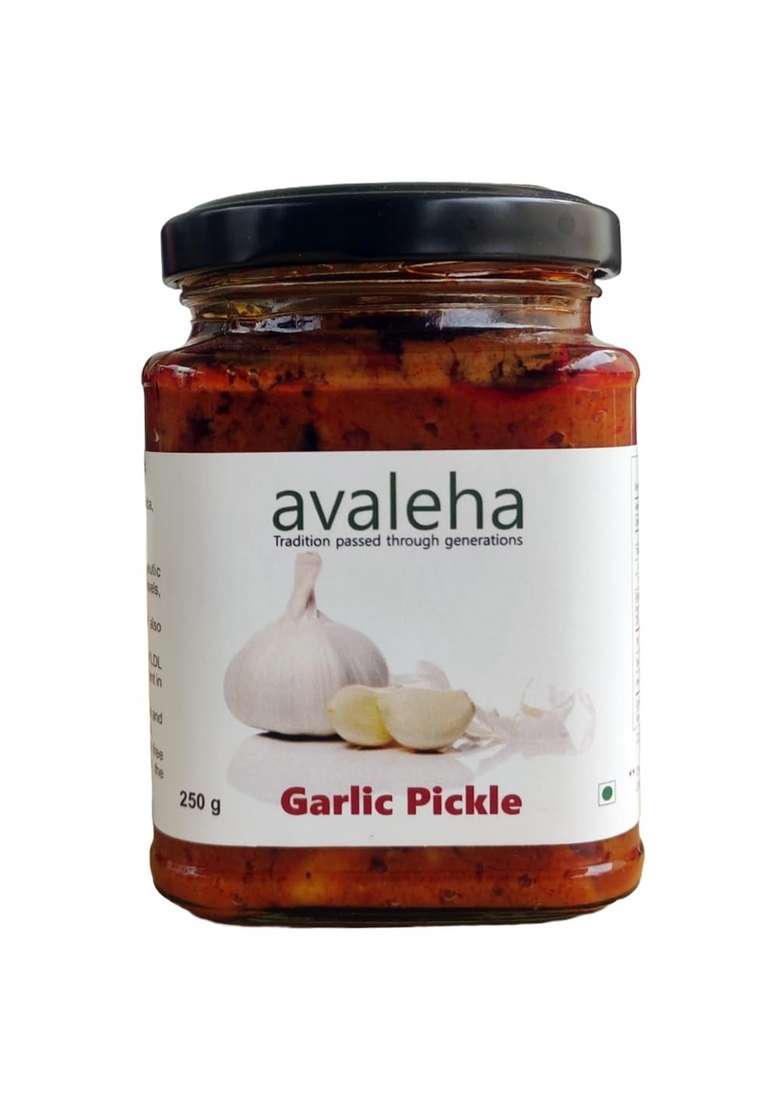 Avadata Organics The Healthy Way Of Life Avaleha Garlic Pickle 250Gm | Flavorful Blend Lassan Ka Achar Home Made Tasty Traditional South Indian Taste Tangy And Spicy| With Pieces Mixed Spices| Glass Jar - Indya