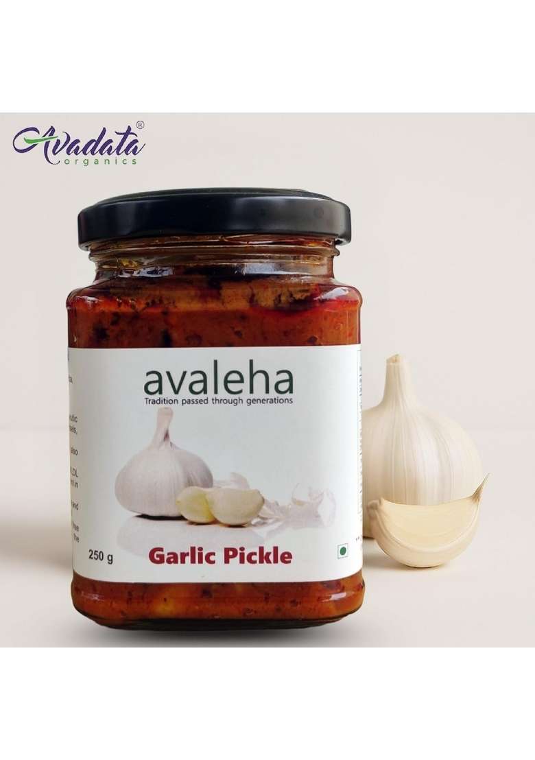 Avadata Organics The Healthy Way Of Life Avaleha Garlic Pickle 250Gm | Flavorful Blend Lassan Ka Achar Home Made Tasty Traditional South Indian Taste Tangy And Spicy| With Pieces Mixed Spices| Glass Jar - Indya
