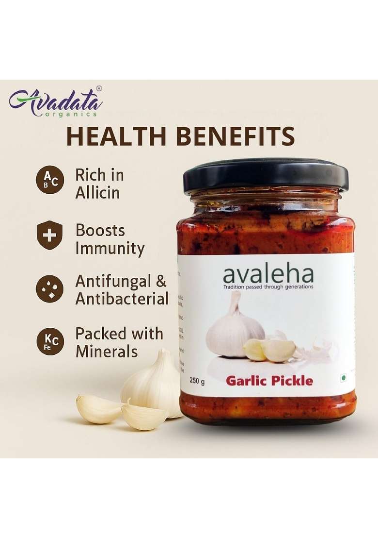 Avadata Organics The Healthy Way Of Life Avaleha Garlic Pickle 250Gm | Flavorful Blend Lassan Ka Achar Home Made Tasty Traditional South Indian Taste Tangy And Spicy| With Pieces Mixed Spices| Glass Jar - Indya
